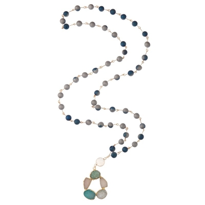 Natural Druzy Flower Pendant Handmade Gold Chain Necklace With Gray Lava Beads