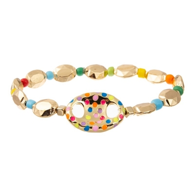 Gold Pig Nose Charm Metal Beads Elastic Handmade Bracelet With Rainbow Seed Beads