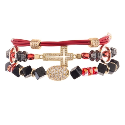 Vintage Gold Metal Red Stackable Beaded Elastic Bracelet For Spring Fashion