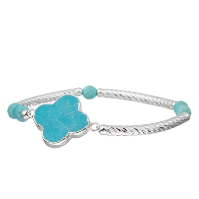 Natural Turquoise Beaded Stone Bracelet Silver Edge Clover Shaped Anxiety Relief