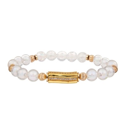 Golden Bar White Glass Crystal Beads Stretchy Bracelet Stackable Handmade Dainty