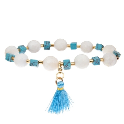 Faceted Crystal Beads Blue Tassel Stretchy Bracelet Stackable Handmade Dainty
