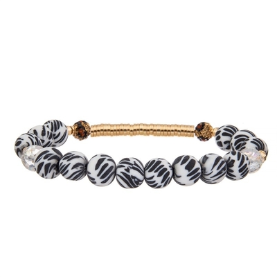 Zebra Stripe Silica Beads Gold Metal Bar Handmade Stretchy Bracelet Set Mulit Color