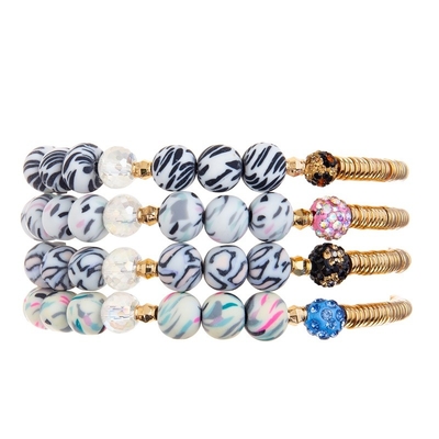 Zebra Stripe Silica Beads Gold Metal Bar Handmade Stretchy Bracelet Set Mulit Color