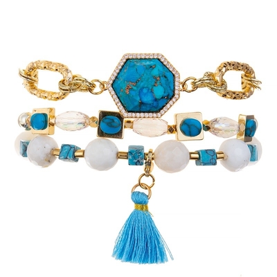Faceted Crystal Beads Blue Tassel Stretchy Bracelet Stackable Handmade Dainty