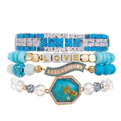 Natural Blue Turquoise Handmade Beads Bracelet Elastic With Gold Foil