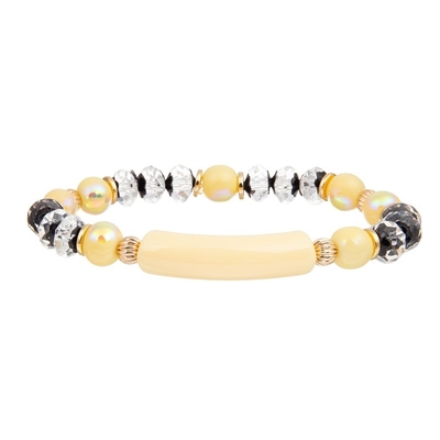Yellow Plastic Bar Handmade Beaded Bracelets Elastic With Silver Glass Beads