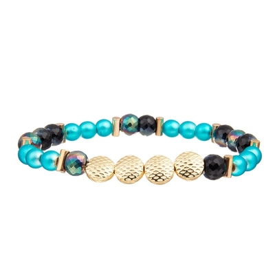 Hammered Gold Metal Beads Bracelet Adjustable With Bubble Green Beads