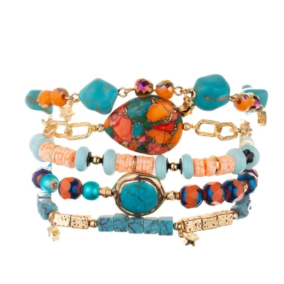 Square Blue Turquoise Bracelets Customized With Gold Plated Hematite Beads