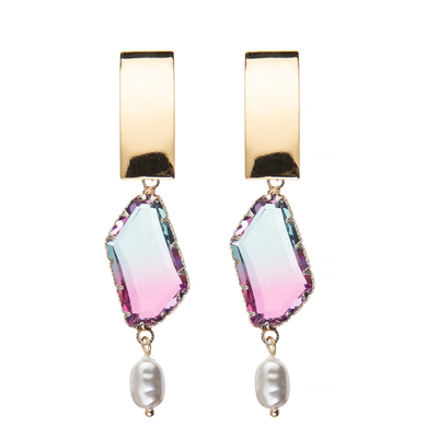 Irregular Copper Piece Imitation Pearl Handmade Beaded Earrings Gold Plated