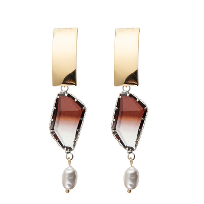 Irregular Copper Piece Imitation Pearl Handmade Beaded Earrings Gold Plated