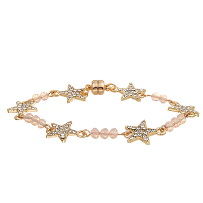 Women Custom Six Star Crystal Beads Bracelet Gold Plated With Magnetic Buckle