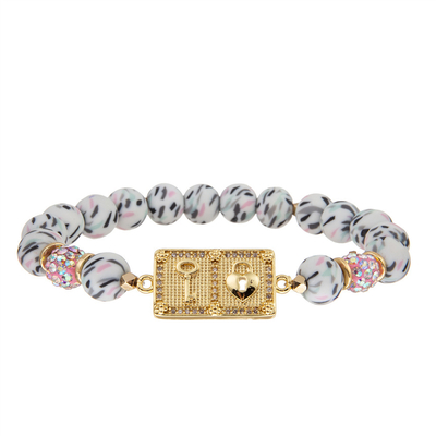 8mm Black White Stone Bracelet Bangles With Gold Plated Heart Shaped Lock