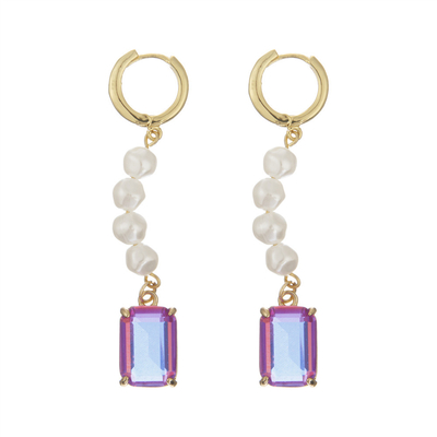 Stainless Steel Pearl Pendant Crystal Stone Hoop Earrings Rectangular Gold Plated